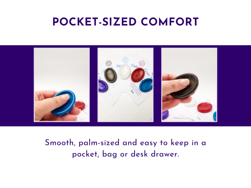 Blue resin worry stone shown in a hand, with other worry stones and printed cards in the background.