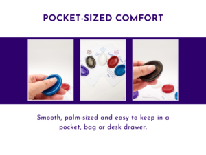 Blue resin worry stone shown in a hand, with other worry stones and printed cards in the background.