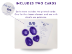 Purple resin worry stones displayed with two printed cards showing what is included.