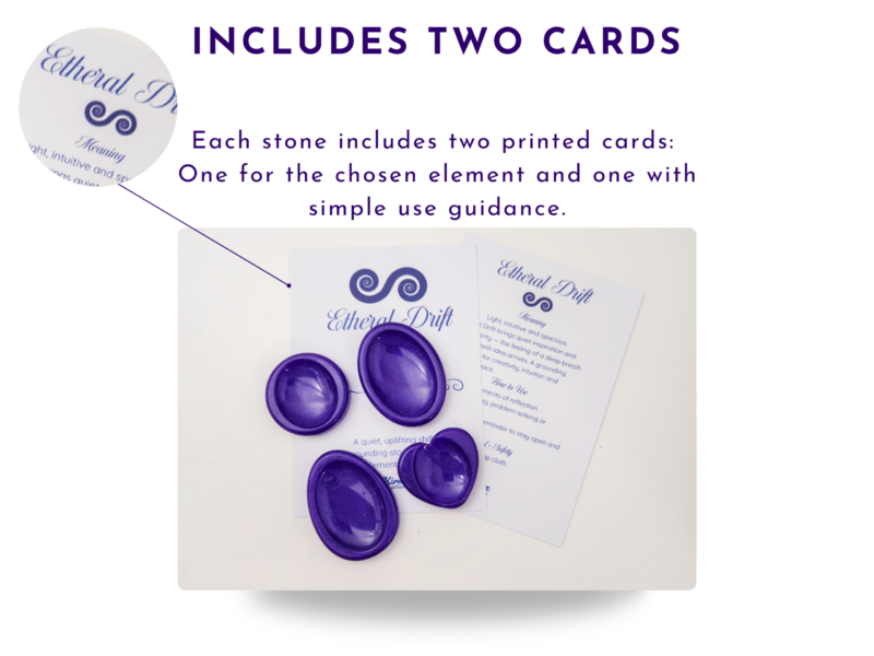 Purple resin worry stones displayed with two printed cards showing what is included.