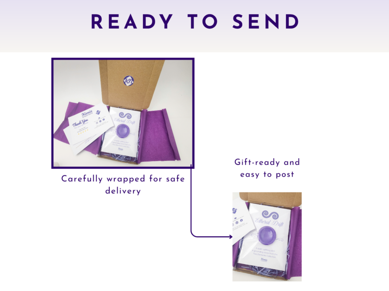 Gift-ready worry stone packaging shown with a parcel box and wrapped item.