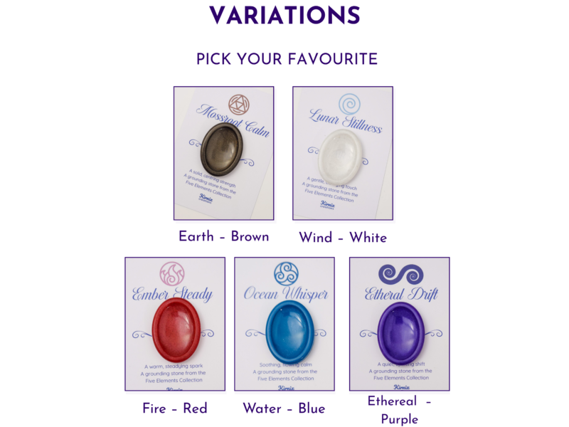 Variation chart showing Earth Brown, Wind White, Fire Red, Water Blue, and Ether Purple worry stones.