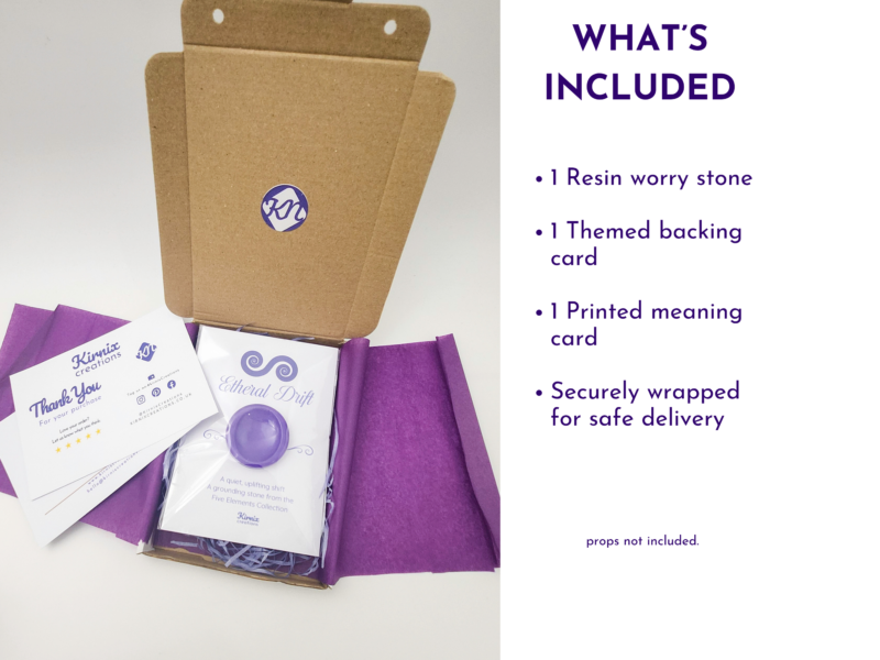Packaging layout showing the resin worry stone, themed backing card, printed measuring card, and secure wrapping.