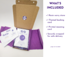 Packaging layout showing the resin worry stone, themed backing card, printed measuring card, and secure wrapping.