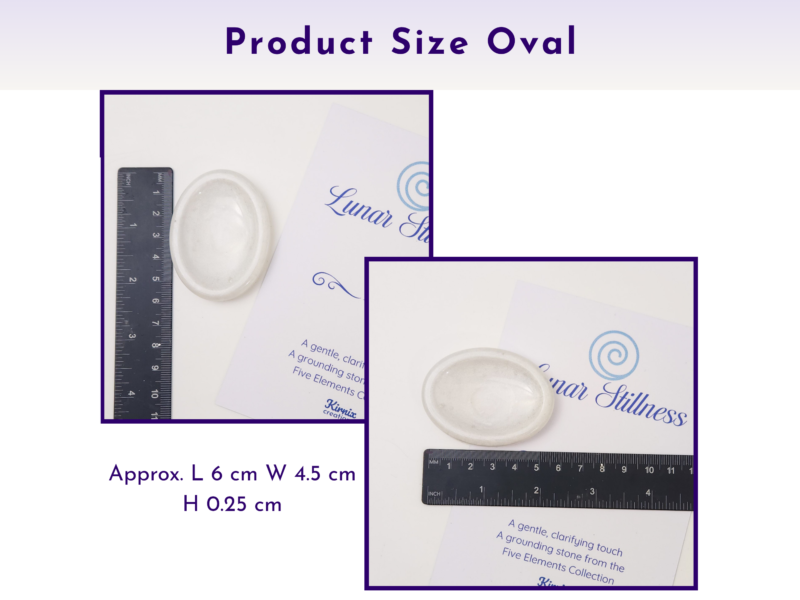 Oval worry stone shown with ruler measurements on a printed card.