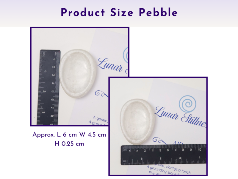 Pebble-shaped worry stone shown with ruler measurements on a printed card.
