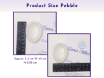 Pebble-shaped worry stone shown with ruler measurements on a printed card.