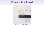 Round worry stone shown with ruler measurements on a printed card.