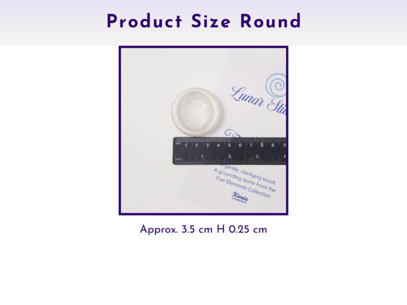 Round worry stone shown with ruler measurements on a printed card.