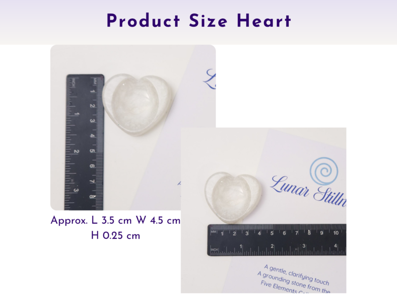 Heart-shaped worry stone shown with ruler measurements on a printed card.