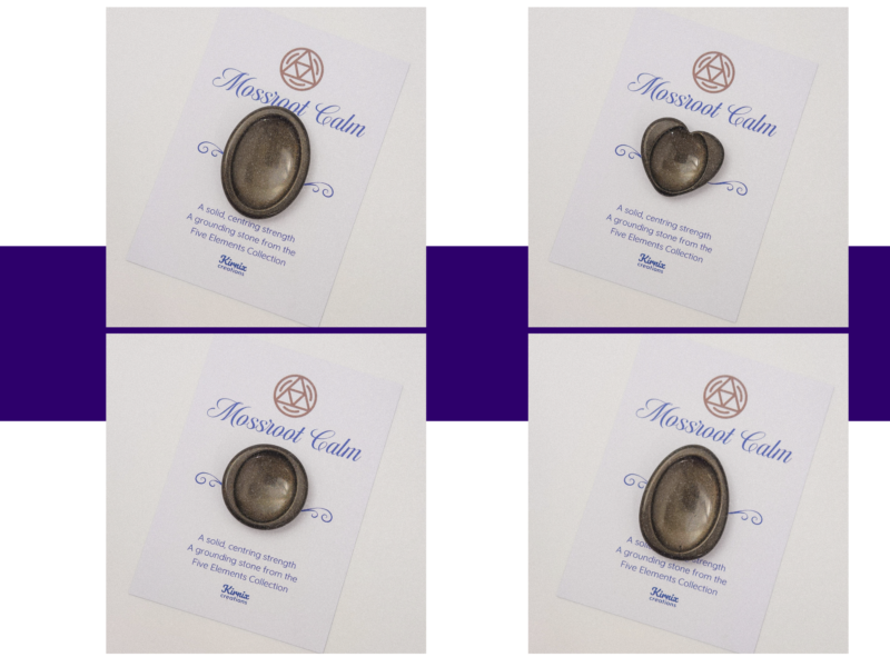 Earth Brown worry stone variation cards showing oval, pebble, round, and heart shapes.