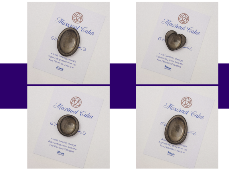 Earth Brown worry stone variation cards showing oval, pebble, round, and heart shapes.