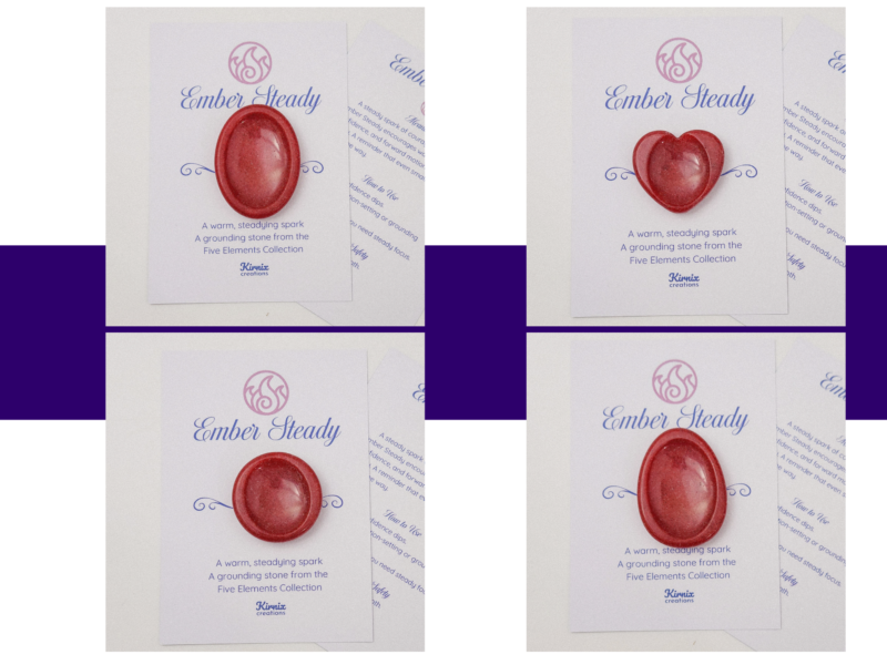 Fire Red worry stone variation cards showing oval, pebble, round, and heart shapes.