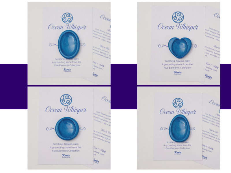 Water Blue worry stone variation cards showing oval, pebble, round, and heart shapes.