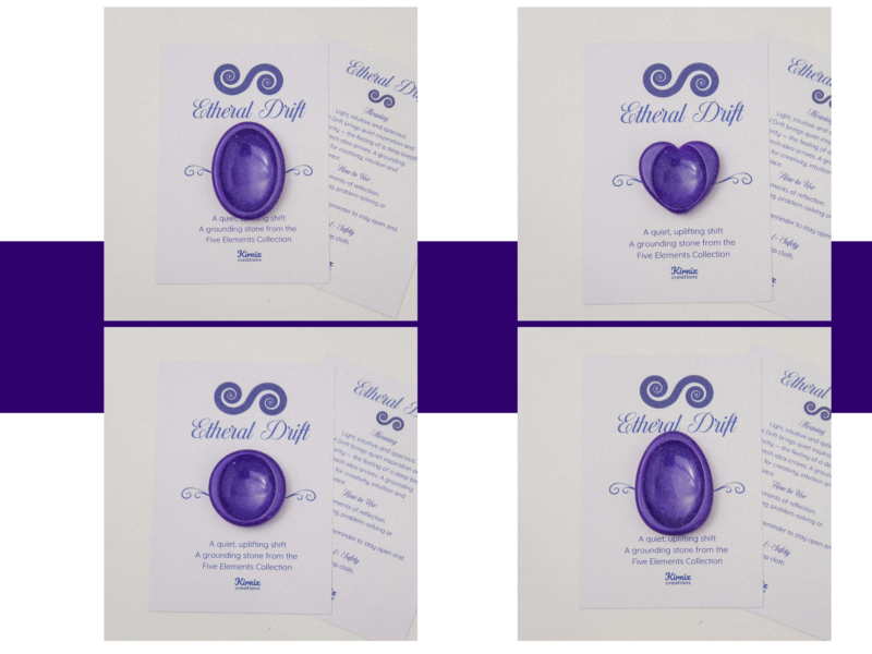 Ether Purple worry stone variation cards showing oval, pebble, round, and heart shapes.
