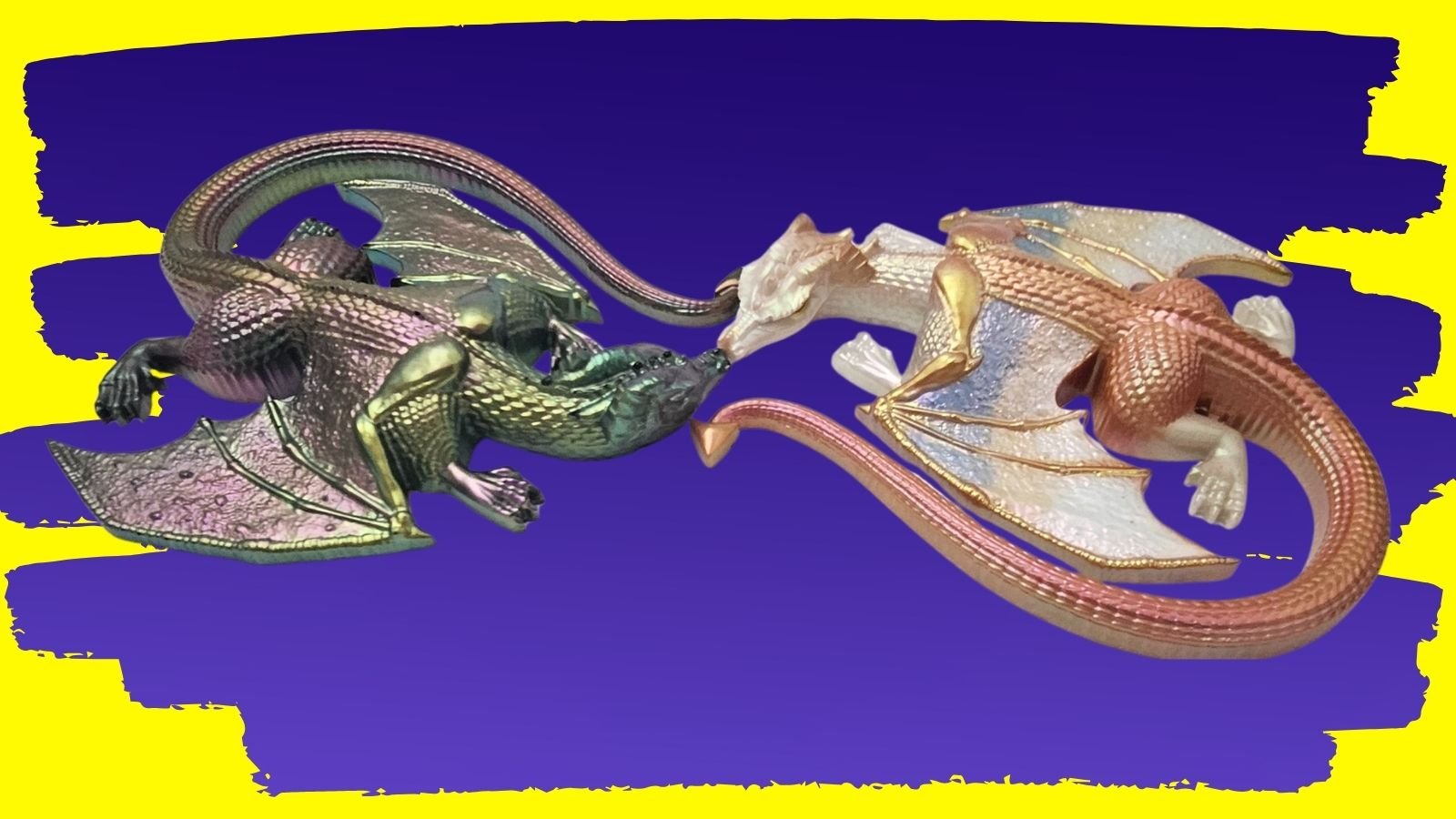 Two resin dragon casts with chameleon mica finish, one dark and one pale, touching noses on a white background (black vs white backing comparison).