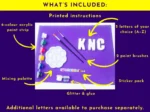 What’s included in Paint Your Own Name Kit with 5 letters, paints, brushes, glitter and stickers
