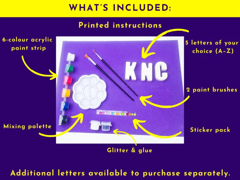 What’s included in Paint Your Own Name Kit with 5 letters, paints, brushes, glitter and stickers