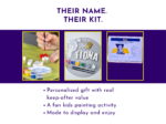 Kirnix Kits personalised name painting kit benefits slide showing finished example, gift box and boxed kit.