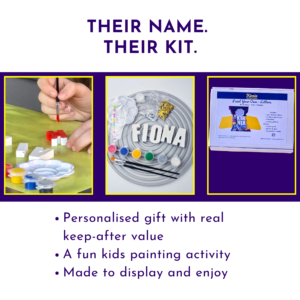 Kirnix Kits personalised name painting kit benefits slide showing finished example, gift box and boxed kit.