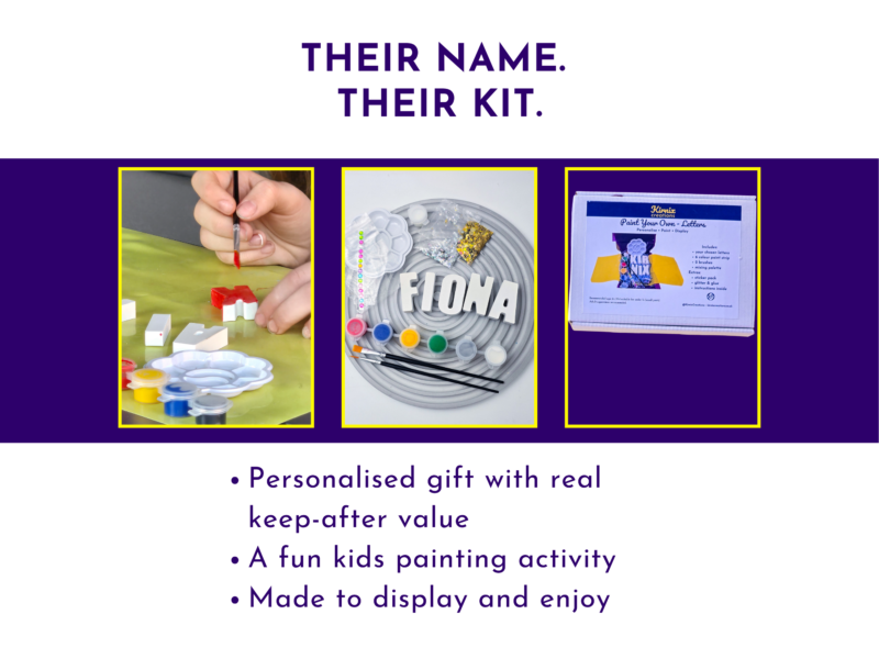 Kirnix Kits personalised name painting kit benefits slide showing finished example, gift box and boxed kit.