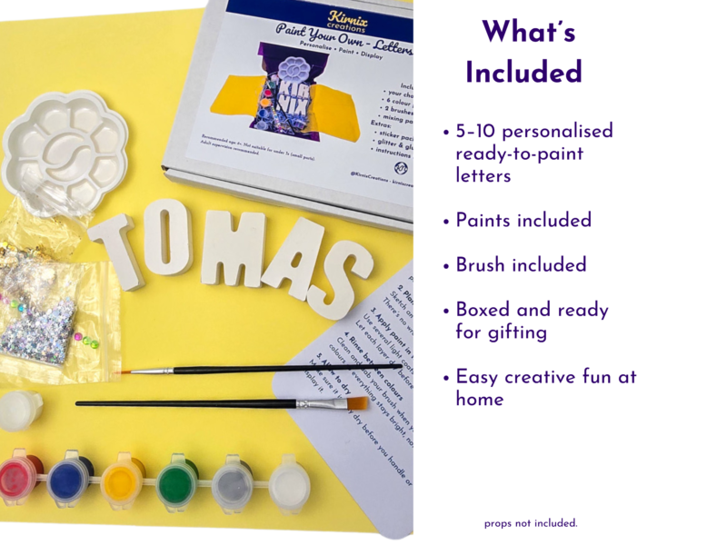 Paint your own name kit contents showing Thomas name letters, paints, brush, palette, glitter and what is included card.