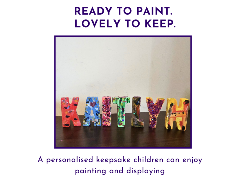 Finished painted personalised name letters displayed after painting.