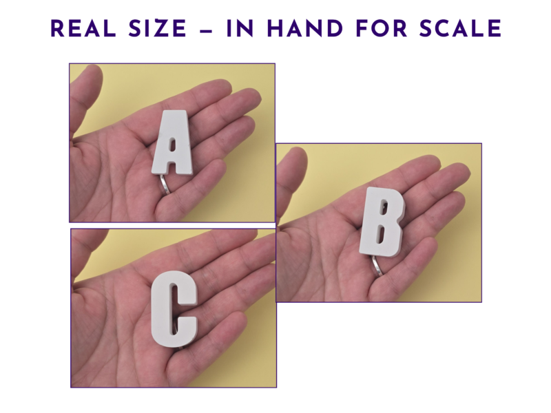 Hand scale images showing individual name letters held in a hand.