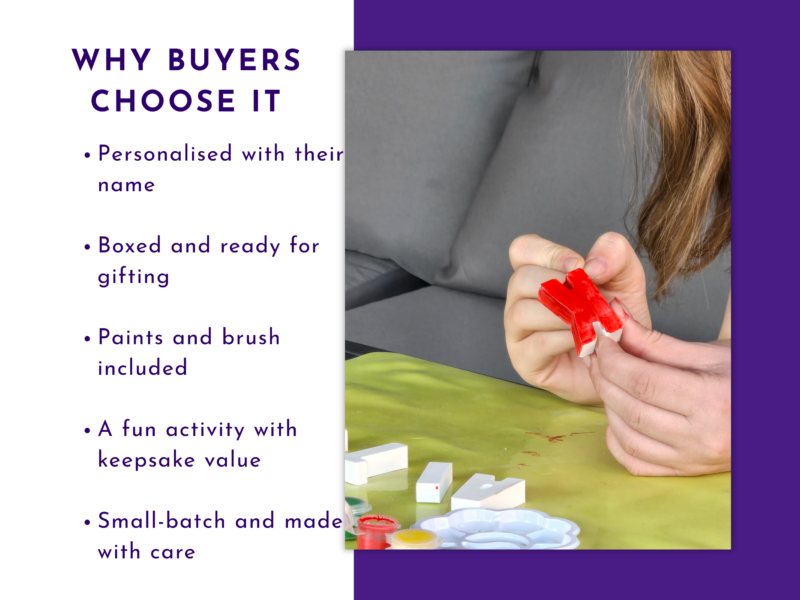 Key features slide for personalised name painting kit with child painting a letter at a table.