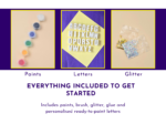 Paints, name letters and glitter shown as the included tools and materials for the personalised painting kit.
