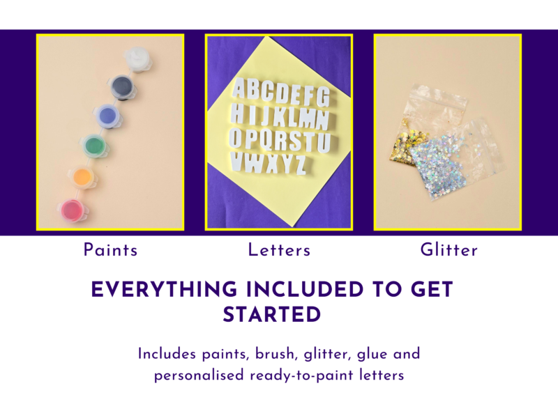 Paints, name letters and glitter shown as the included tools and materials for the personalised painting kit.
