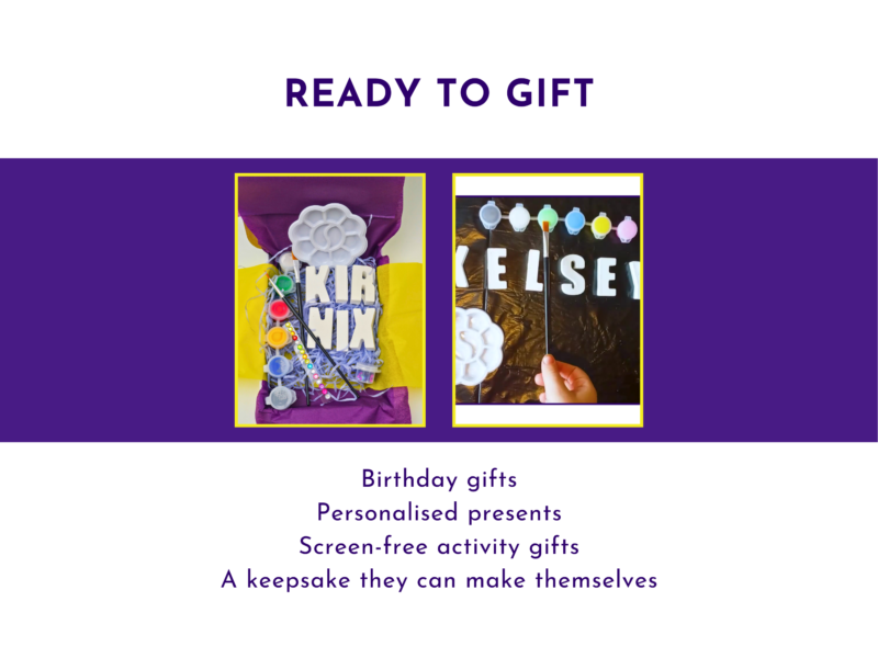 Ready to gift slide showing boxed personalised name painting kits for children.