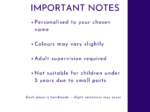 Important notes slide for personalised paint your own name kit with supervision and handmade variation information.