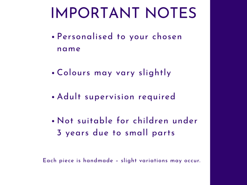 Important notes slide for personalised paint your own name kit with supervision and handmade variation information.
