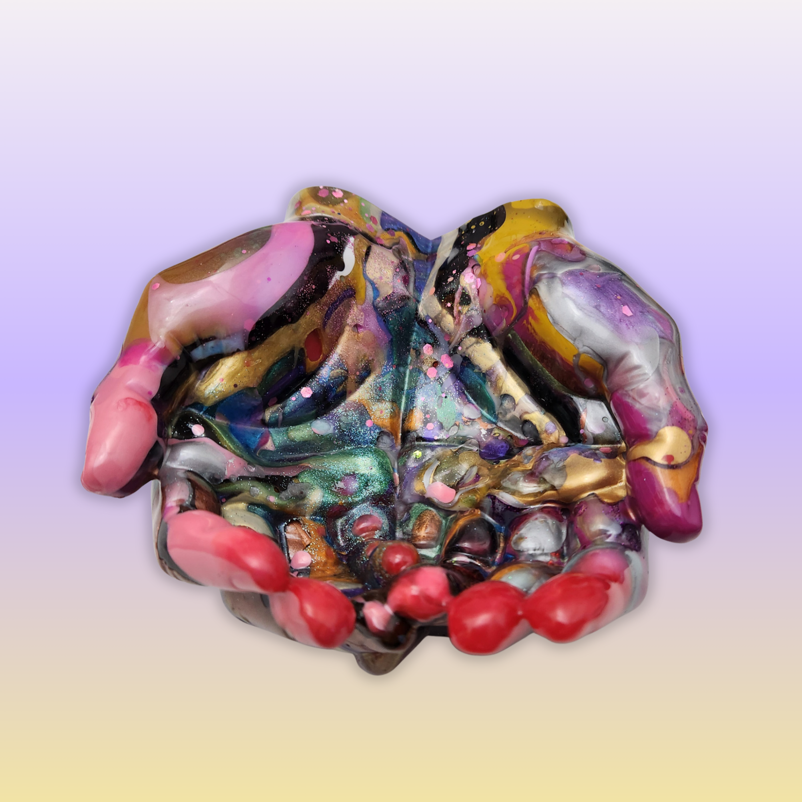 Colourful abstract resin studio piece with pink, gold and teal swirls on a soft oat background.