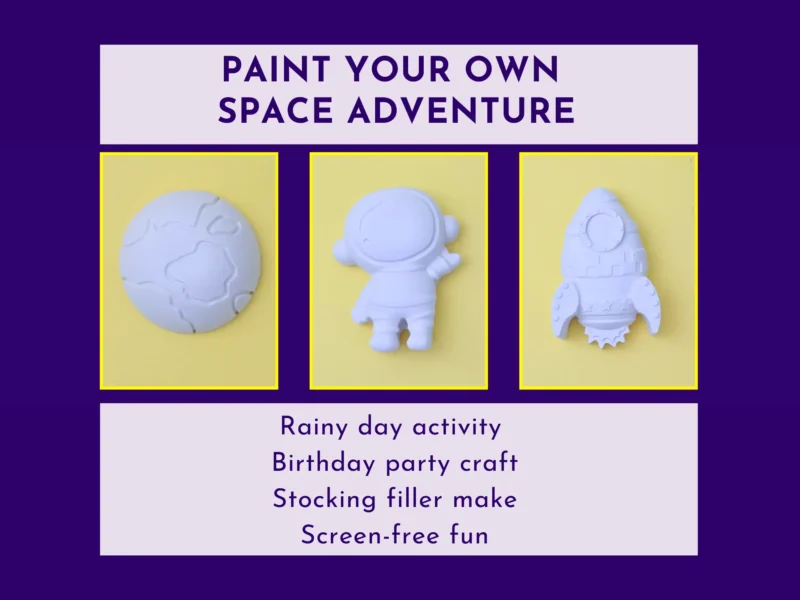 Paint your own space kit showing astronaut rocket and planet shapes with use ideas