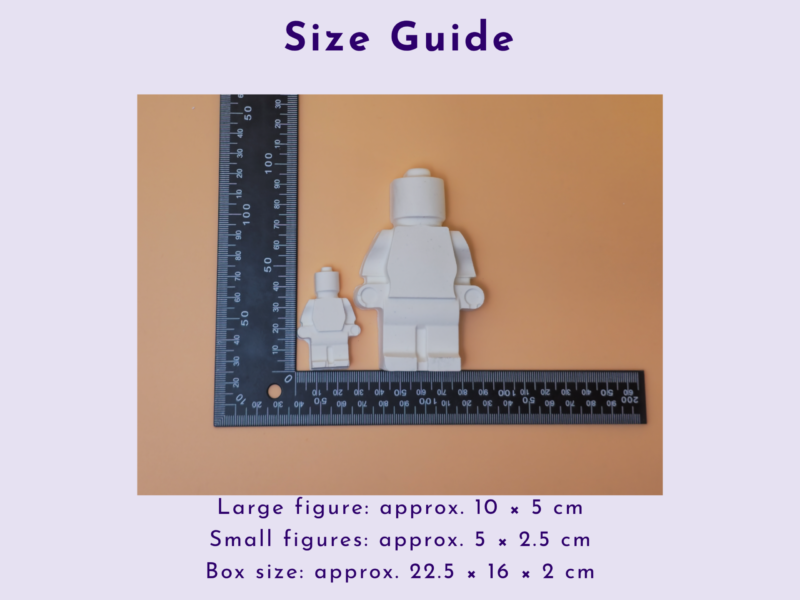 Size guide image showing white blocky figures beside a ruler on an orange background to indicate scale (approx 10×5 cm).
