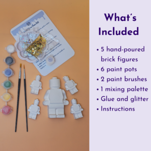 Split image: left side shows paints, brushes, glue, glitter in a plastic sheet on an orange background; right side shows a lavender panel with 'What’s Included' and bullet list text.