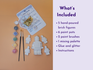 Split image: left side shows paints, brushes, glue, glitter in a plastic sheet on an orange background; right side shows a lavender panel with 'What’s Included' and bullet list text.