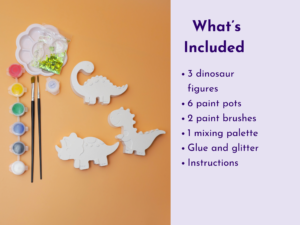 Craft kit page: dinosaur-shaped white cutouts with paints, glitter, and brushes on an orange surface beside a lavender panel listing included items on the right.