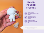 KNP-PYO-SPACE_Handmade_detail Close-up of a small white figure being held between fingers against an orange background, with a lavender panel on the right that reads 'HAND-POURED FIGURES'.