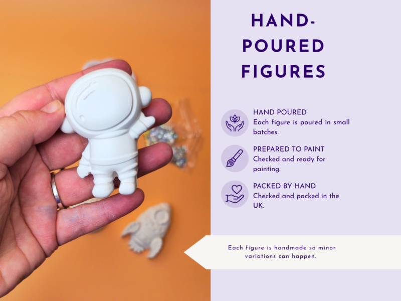 Close-up of a small white figure being held between fingers against an orange background, with a lavender panel on the right that reads 'HAND-POURED FIGURES'.