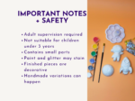 KNP-PYO-SPACE_Important notes + safety Split graphic: left white area with bold purple text 'IMPORTANT NOTES + SAFETY' and bullet safety reminders; right side shows orange background with art supplies (paints, brushes, and clay items).