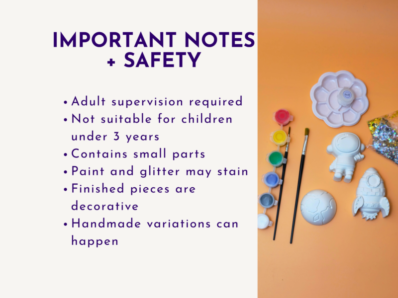 Split graphic: left white area with bold purple text 'IMPORTANT NOTES + SAFETY' and bullet safety reminders; right side shows orange background with art supplies (paints, brushes, and clay items).