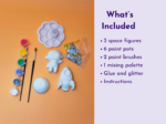 KNP-PYO-SPACE_What’s included Left: art supplies (paints, brushes, space-themed figurines) on an orange background; right: lavender panel with 'What’s Included' heading and bullet list.