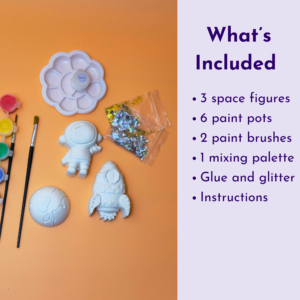 Left: art supplies (paints, brushes, space-themed figurines) on an orange background; right: lavender panel with 'What’s Included' heading and bullet list.