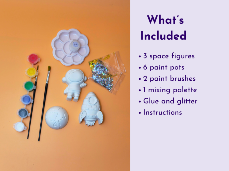 Left: art supplies (paints, brushes, space-themed figurines) on an orange background; right: lavender panel with 'What’s Included' heading and bullet list.
