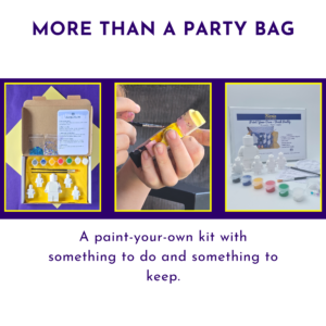 Graphic with “More than a party bag” text showing the boxed kit, an in-hand figure view and a product overview image