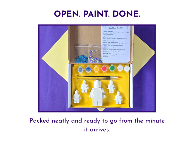 Open brick buddy craft kit laid out neatly in the box with blank figures, paints and instructions