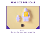 Real size for scale graphic showing the two blank brick buddy figures beside a £1 coin